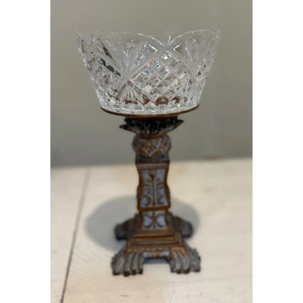 Vintage Crystal Compote Bowl with Ornate Champlevé Enamel Pedestal Base